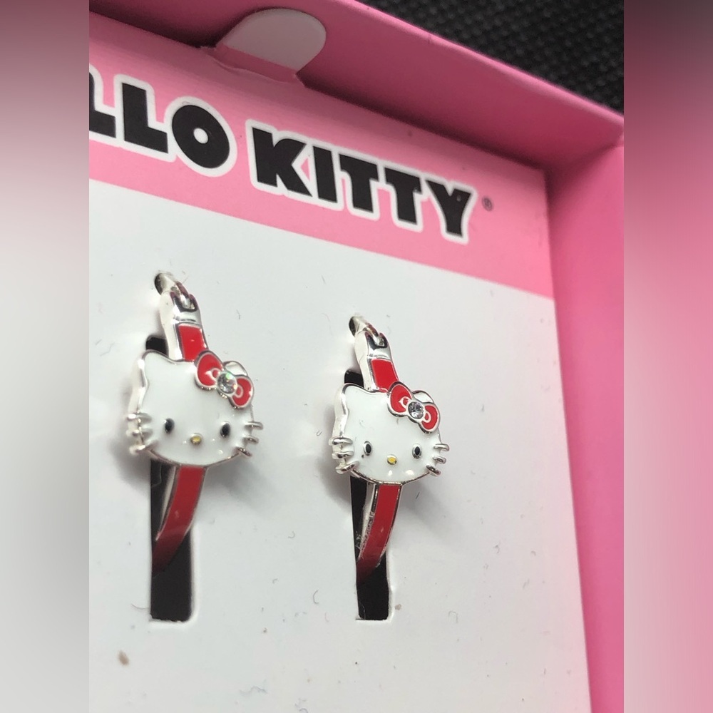 Hello Kitty red & white studded rhinestone silver plated hoop loop back earrings